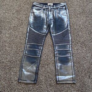 Bleecker and Mercer Jeans Men's 34X30‎ Coated Silver Moto Rocker Denim Unique